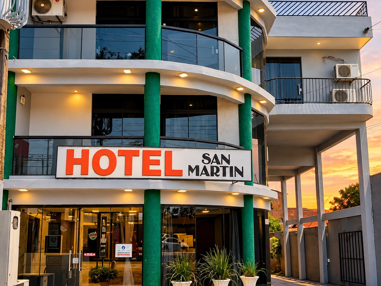 La fachada del hotel sobre la Ruta PY08 al atardecer: el cartel rojo «HOTEL SAN MARTIN», las columnas verdes y las macetas blancas de la entrada