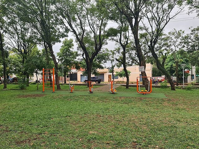 Plaza San Roque González de Santacruz: La plaza con césped, árboles y aparatos para hacer ejercicio